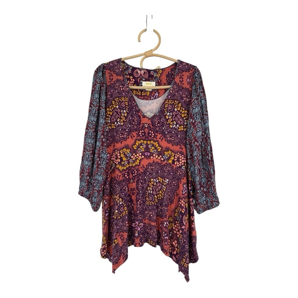 Maeve Anthropologie Summerset Boho Floral Blouse Mixed Print Handkerchief Hem M - Picture 2 of 13